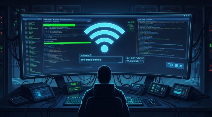 Seorang profesional IT menganalisis status keamanan jaringan dengan tampilan kode dan indikator kerentanan di layar komputer.