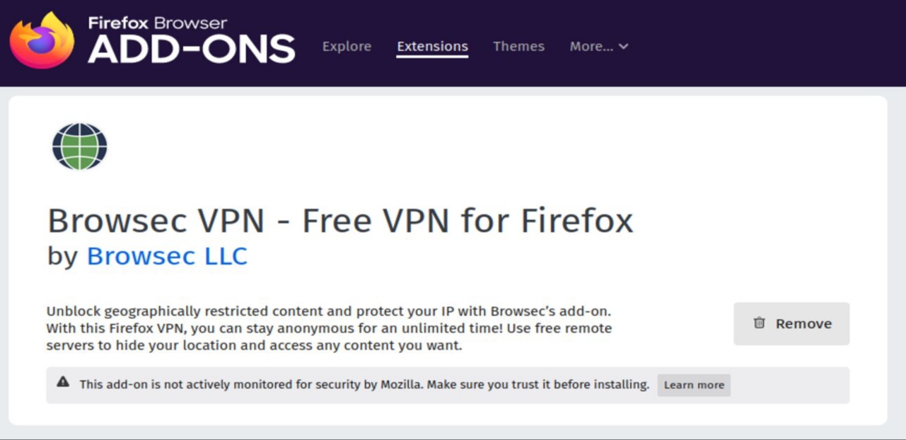 Add-ons browsec di Mozilla Firefox 