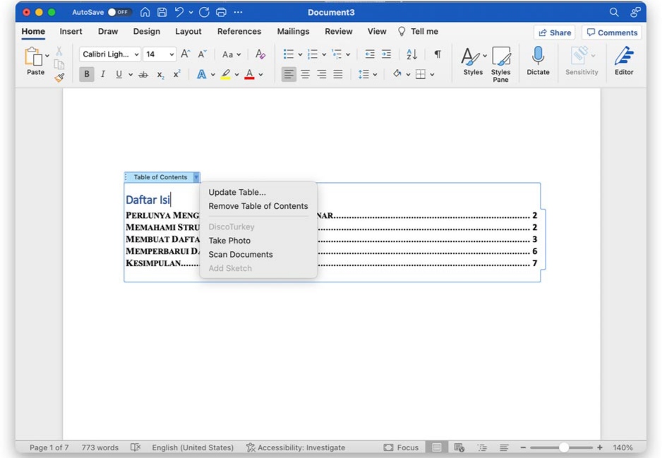 Cara membuat daftar isi otomatis di word