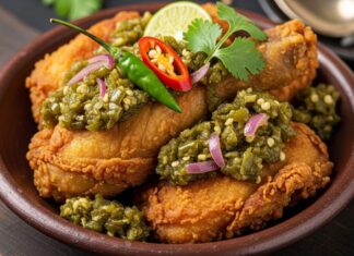 Resep Ayam Cabe Ijo: Resep Pedasnya Pas, Gurihnya Nampol! Ayam goreng renyah disajikan dengan sambal hijau pedas, lengkap dengan irisan jeruk nipis dan cabai segar, menggugah selera.