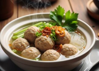 Resep Bakso Ayam Kenyal Gurih – Gampang & Enak! Sup bakso hangat disajikan dengan mie, irisan daun bawang, dan taburan bawang goreng, menciptakan pengalaman kuliner yang menggoda.