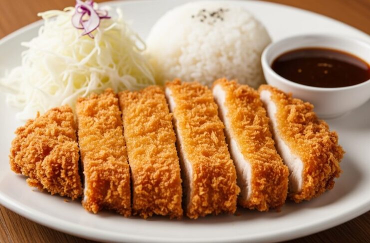 Katsu renyah disajikan dengan nasi, sayuran segar, dan saus pedas, menciptakan pengalaman kuliner Jepang yang lezat.