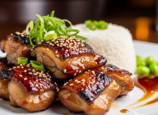 Resep Chicken Teriyaki ala Rumahan yang Bikin Nagih Daging ayam yang disajikan dengan saus manis, nasi putih, dan taburan biji wijen, memperlihatkan kenikmatan hidangan khas.