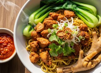 Resep Mie Ayam Homemade yang Bikin Kangen Abang-Abang Gerobak Mangkuk mie ayam kaya rasa ini menyajikan ayam crispy, sayuran segar, dan sambal pedas sebagai pelengkap yang menggugah selera.