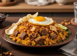 Resep Nasi Kebuli yang Gurih dan Menggugah Selera Nasi kebuli khas Indonesia dengan daging, telur, dan kerupuk, menciptakan sajian lezat yang menggugah selera.