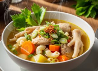 Resep Sop Ayam Rumahan yang Bikin Hangat: Resep Simpel untuk Hari-Hari Istimewa Sup ayam kaya rasa dengan sayuran segar dan mie, menjadi hidangan nyaman yang ideal untuk berbagi dan dinikmati.