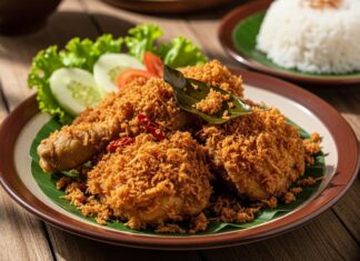 Resep Ayam Serundeng: Resep Ayam Klasik yang Bikin Kangen Rumah Ayam goreng renyah dengan bumbu khas, disajikan bersama nasi putih, sayuran segar, dan hiasan daun pisang.