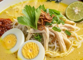 Resep Soto Ayam Kuah Santan Gurih Ala Rumahan yang Bikin Nagih Makanan lezat ini adalah semangkuk soto ayam kuah kuning, disajikan dengan telur, mi, dan taburan daun hijau segar.