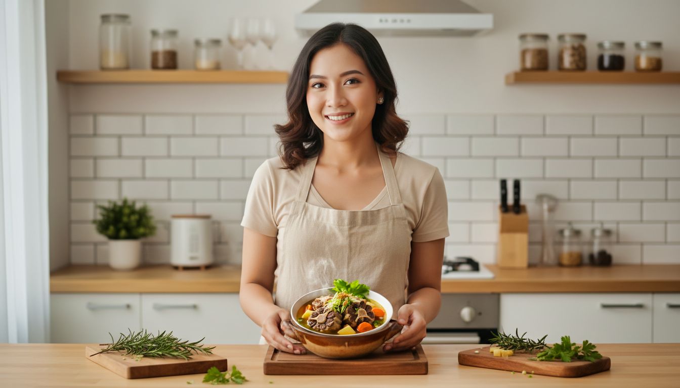 Senyum hangat Kannaya Nareswari sambil menghidangkan Sop Buntut Sapi lezat di dapur modern, menonjolkan kelezatan masakan rumahan.