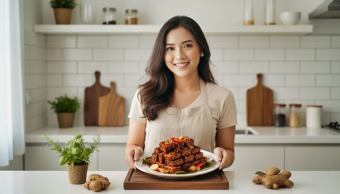 Koki Kannaya Nareswari menyajikan hidangan Tahu Tempe Bacem lezat dengan hiasan sayur segar di dapur modern yang terang dan ramah.