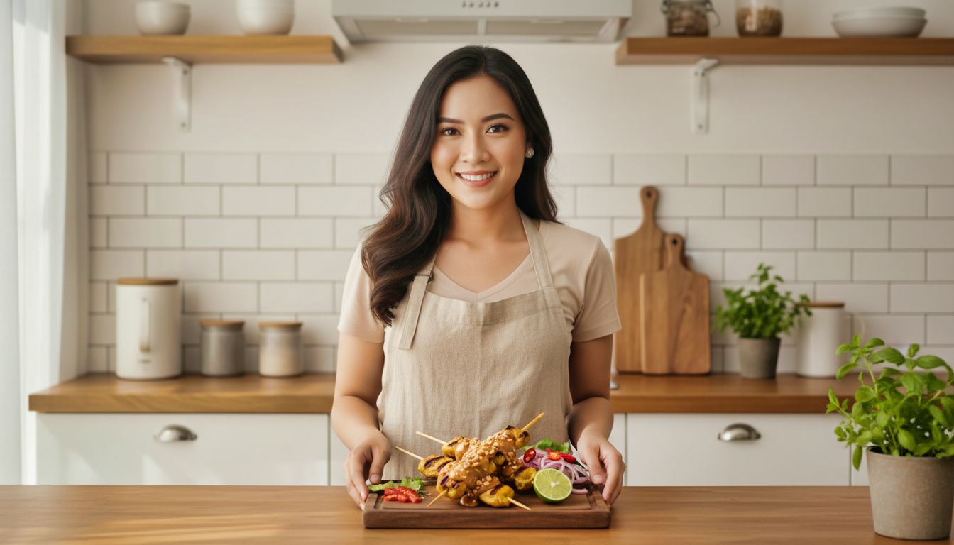 Sajian lezat sate dengan bumbu khas, disajikan oleh Kannaya Nareswari yang ramah di dapur modern.