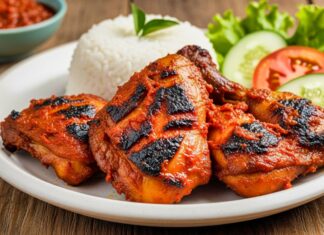 Resep Ayam Panggang Bumbu Merah Resep Ayam Panggang Bumbu Merah disajikan dengan nasi putih dan sayuran segar, menciptakan hidangan menggugah selera.