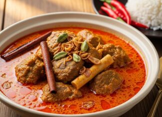 Resep Gulai Kambing Pedas Empuk ala Rumahan yang Gampang Banget Kari daging kambing pedas yang kaya rasa dengan bumbu rempah, disajikan dengan nasi putih dan cabai segar, menggugah selera.