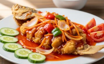 Resep Kakap Goreng Asam Manis yang Bikin Makan Nasi Nambah Terus Kakap Goreng Asam Manis renyah disajikan dengan saus manis pedas, sayuran segar, dan irisan tomat, menggugah selera.