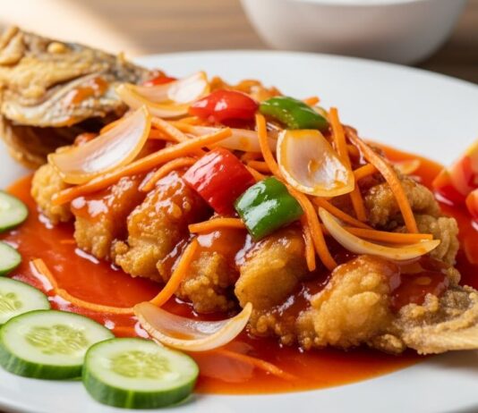Resep Kakap Goreng Asam Manis yang Bikin Makan Nasi Nambah Terus Kakap Goreng Asam Manis renyah disajikan dengan saus manis pedas, sayuran segar, dan irisan tomat, menggugah selera.