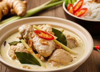 Resep Opor Ayam Sederhana tapi Rasanya Juara, Dijamin Ketagihan! Opor ayam dengan kuah santan kental, dihidangkan dengan nasi putih dan rempah segar, menggugah selera di meja makan.