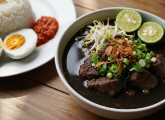 Resep Rawon Sapi Sederhana dengan Bumbu Rempah Lengkap Semangkuk Rawon Sapi hangat dengan taburan bawang goreng dan irisan jeruk nipis, disajikan dengan nasi dan telur rebus.