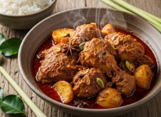 Resep Rendang Ayam Kaya Rempah untuk Pemula Kari ayam aromatik dengan kentang, disajikan panas, mengundang selera dengan hiasan daun jeruk dan serai.