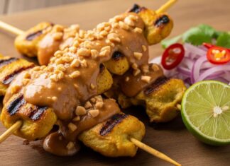 Resep Sate Ayam Bumbu Kacang Lezat yang Gampang Dibuat Sate Ayam Bumbu Kacang yang kaya rasa, disajikan dengan irisan bawang merah, cabai, dan jeruk nipis segar.