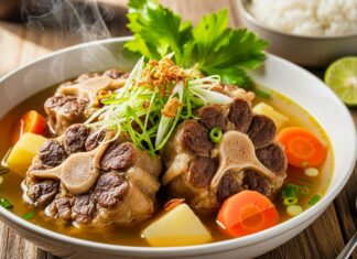 Resep Sop Buntut Sapi yang Gampang, Dijamin Empuk dan Enak! sop buntut sapi kaya rasa dengan sayuran segar dan rempah, menyajikan kelezatan kuliner Indonesia yang menggugah selera.