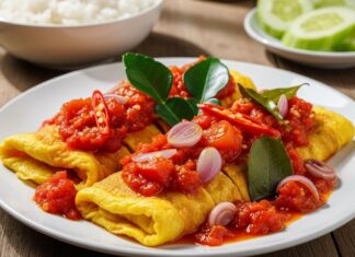 Resep Telur Dadar Balado Pedas yang Bikin Ketagihan Telur dadar khas Indonesia disajikan dengan sambal pedas, aroma rempah, dan pelengkap mentimun segar.