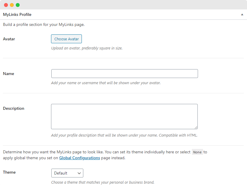 WP MyLinks profile section