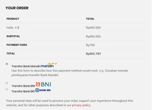 Indonesian Banks Plugin WooCommerce untuk Toko Online Indonesia - payment code checkout