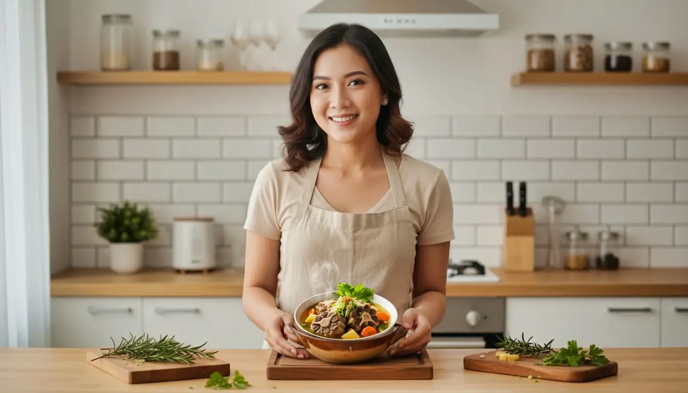 Senyum hangat Kannaya Nareswari sambil menghidangkan Sop Buntut Sapi lezat di dapur modern, menonjolkan kelezatan masakan rumahan.