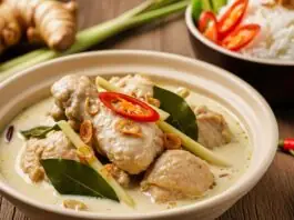 Opor ayam dengan kuah santan kental, dihidangkan dengan nasi putih dan rempah segar, menggugah selera di meja makan.