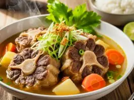 sop buntut sapi kaya rasa dengan sayuran segar dan rempah, menyajikan kelezatan kuliner Indonesia yang menggugah selera.