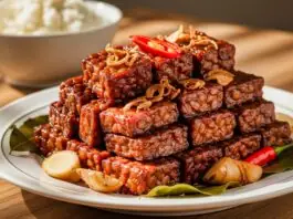 Tempeh manis pedas yang disajikan dengan irisan bawang dan cabai, menciptakan hidangan lezat khas Indonesia.